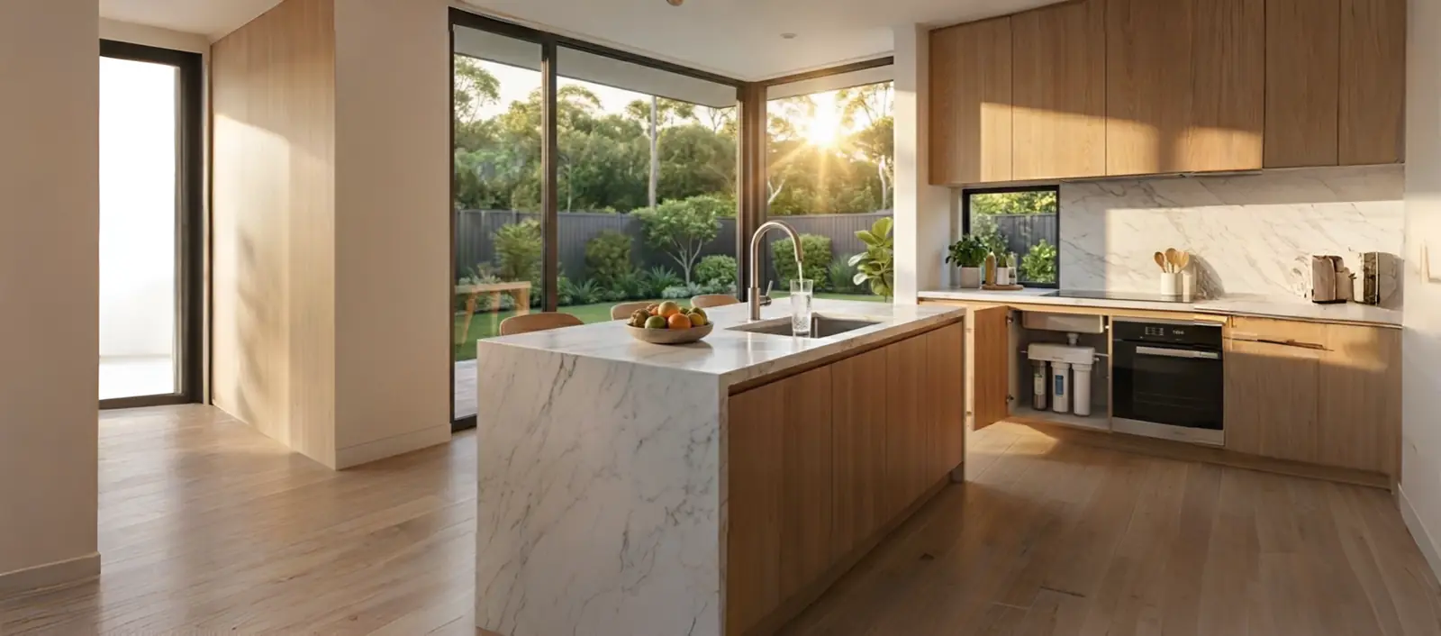Modern Australian kitchen at golden hour with an Ecovera under-sink water filtration system installed